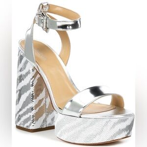 Michael Kors Ashton Sequin Zebra Print Platform Sandals Sz 7.5